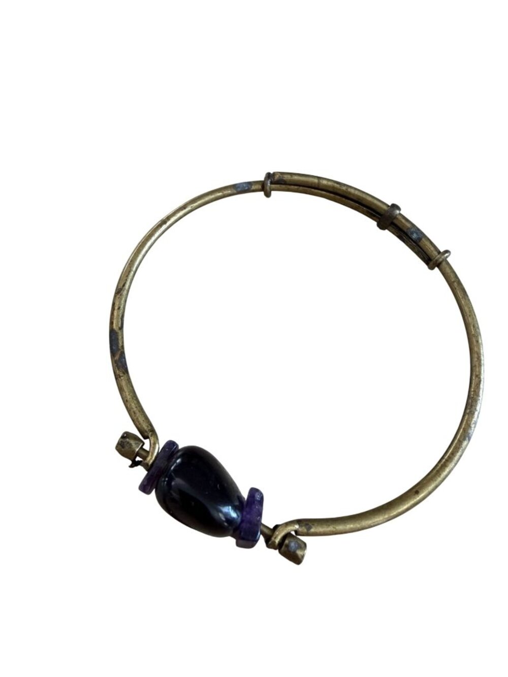 Vintage Brass Bangle With Purple & Black Beads Adjustable Design Unique Artisan - Picture 1 of 6